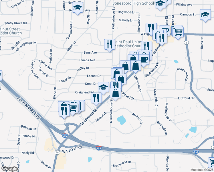 map of restaurants, bars, coffee shops, grocery stores, and more near 2506 S Culberhouse St in Jonesboro