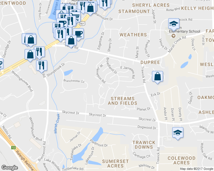 map of restaurants, bars, coffee shops, grocery stores, and more near 2609 Dermotte Lane in Raleigh