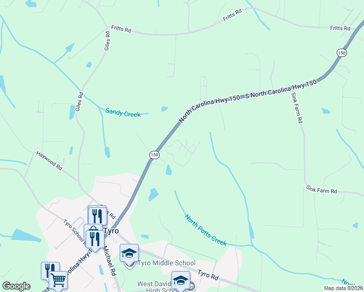 map of restaurants, bars, coffee shops, grocery stores, and more near 3679 North Carolina 150 in Lexington