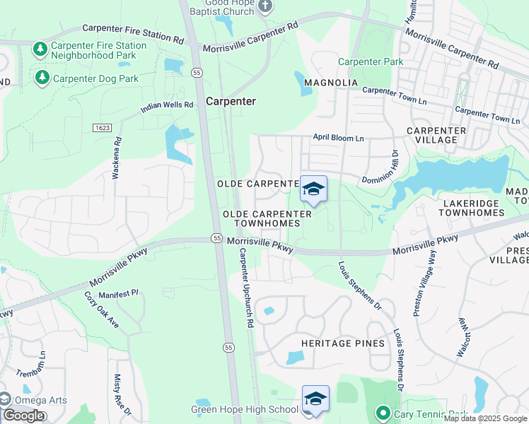 map of restaurants, bars, coffee shops, grocery stores, and more near 725 Grace Hodge Drive in Cary