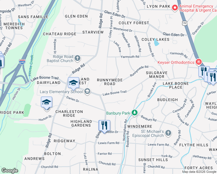map of restaurants, bars, coffee shops, grocery stores, and more near 903 Runnymede Road in Raleigh