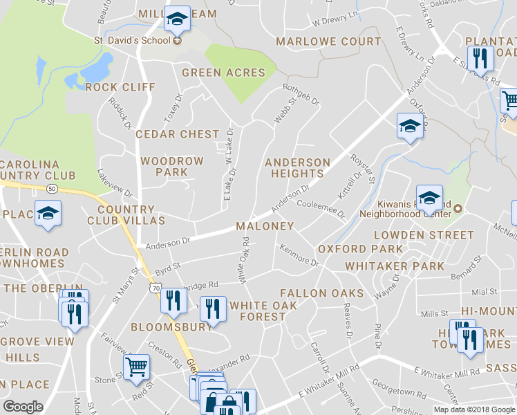 map of restaurants, bars, coffee shops, grocery stores, and more near 2404 White Oak Road in Raleigh