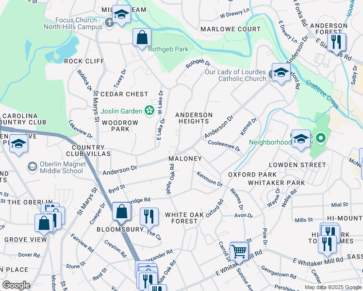 map of restaurants, bars, coffee shops, grocery stores, and more near 2404 White Oak Road in Raleigh
