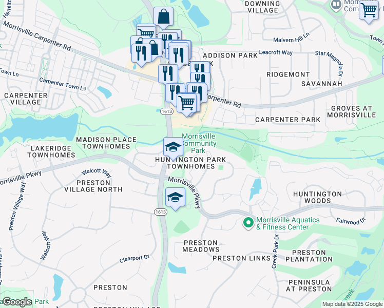 map of restaurants, bars, coffee shops, grocery stores, and more near 702 Carriage Way Trail in Morrisville