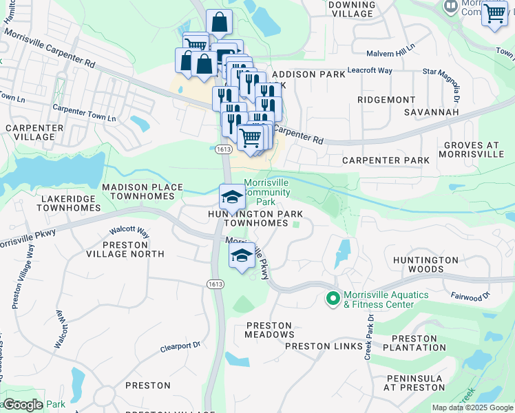 map of restaurants, bars, coffee shops, grocery stores, and more near 702 Carriage Way Trail in Morrisville