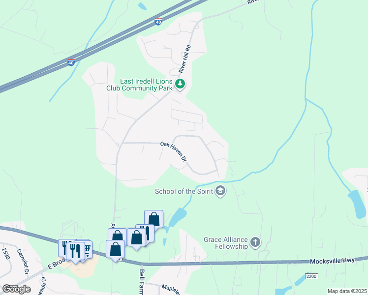 map of restaurants, bars, coffee shops, grocery stores, and more near 173 Oak Haven Drive in Statesville
