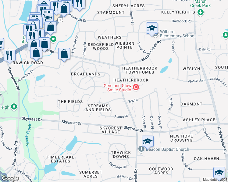 map of restaurants, bars, coffee shops, grocery stores, and more near 3509 Streams of Fields Drive in Raleigh