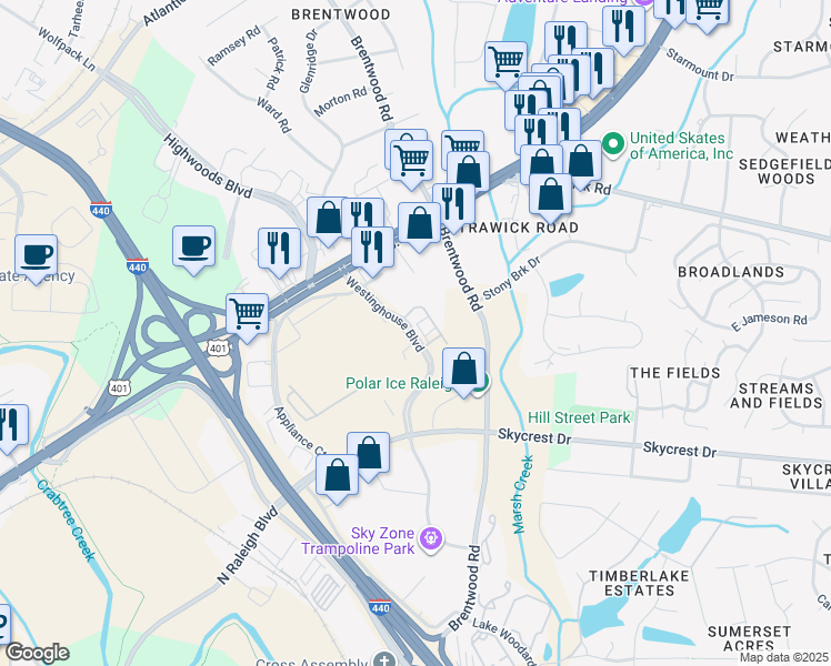 map of restaurants, bars, coffee shops, grocery stores, and more near 2466 Westinghouse Boulevard in Raleigh