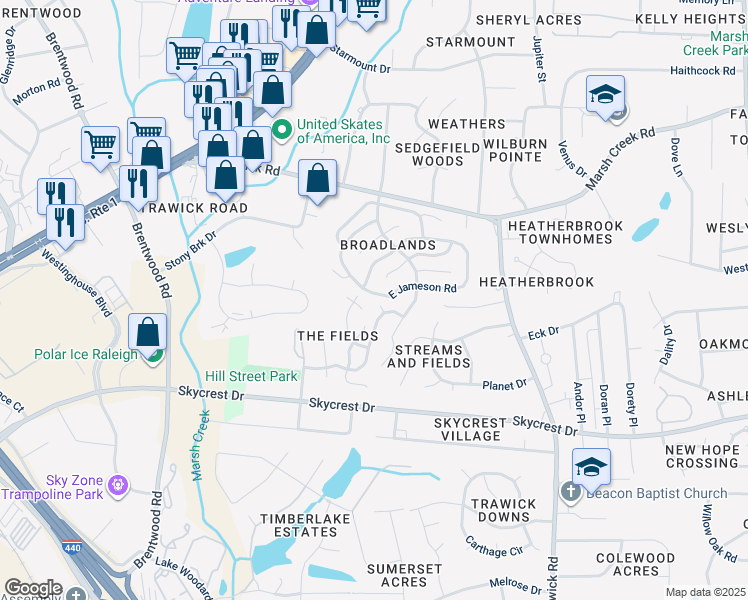 map of restaurants, bars, coffee shops, grocery stores, and more near 2609 Dermotte Lane in Raleigh