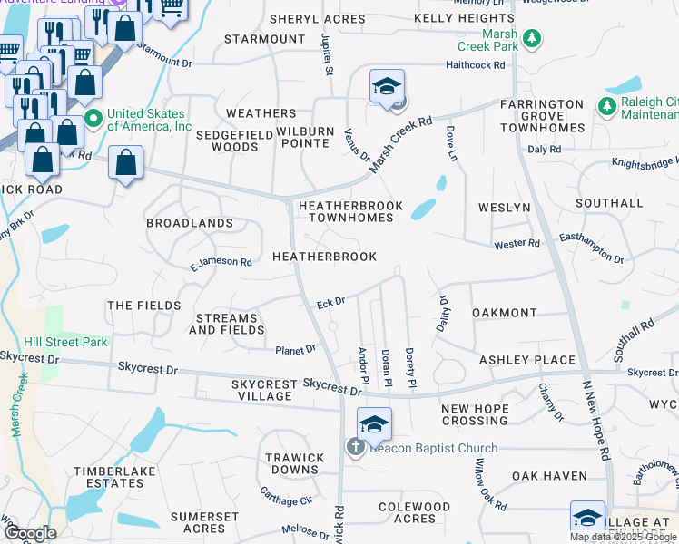 map of restaurants, bars, coffee shops, grocery stores, and more near 2700 Fernhurst Lane in Raleigh