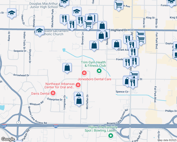 map of restaurants, bars, coffee shops, grocery stores, and more near 2514 Ecumenical Drive in Jonesboro