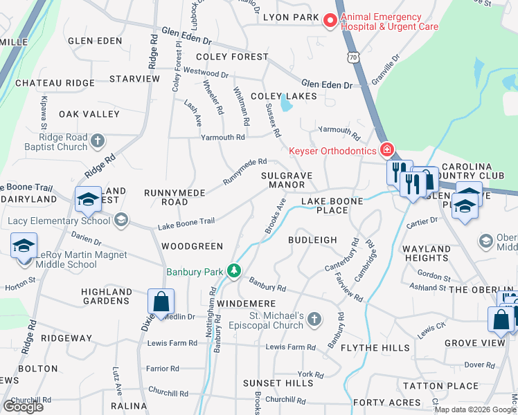 map of restaurants, bars, coffee shops, grocery stores, and more near 711 Lake Boone Trail in Raleigh