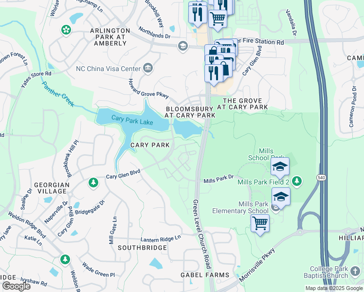 map of restaurants, bars, coffee shops, grocery stores, and more near 1014 Waterford Lake Drive in Cary