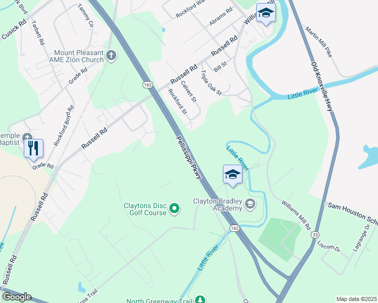 map of restaurants, bars, coffee shops, grocery stores, and more near Pellissippi Parkway in Maryville