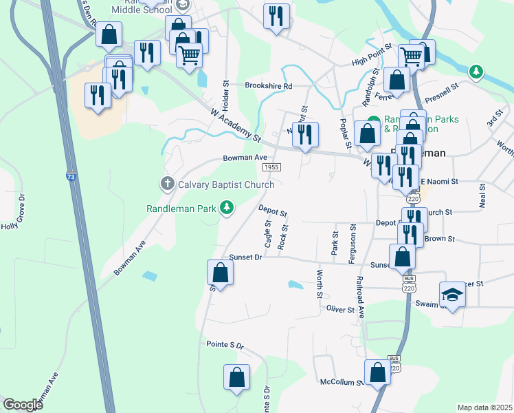 map of restaurants, bars, coffee shops, grocery stores, and more near South Stout Street in Randleman