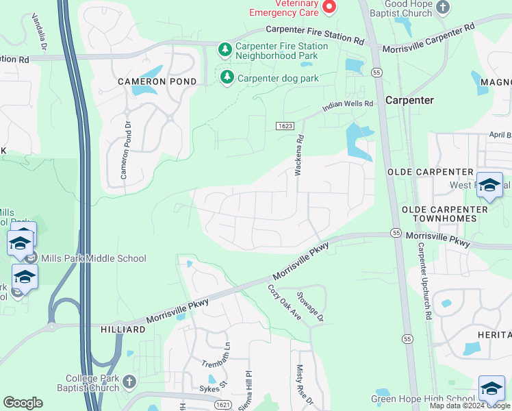 map of restaurants, bars, coffee shops, grocery stores, and more near Leyton Lane in Cary