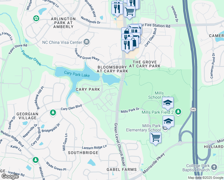map of restaurants, bars, coffee shops, grocery stores, and more near 1014 Waterford Lake Drive in Cary