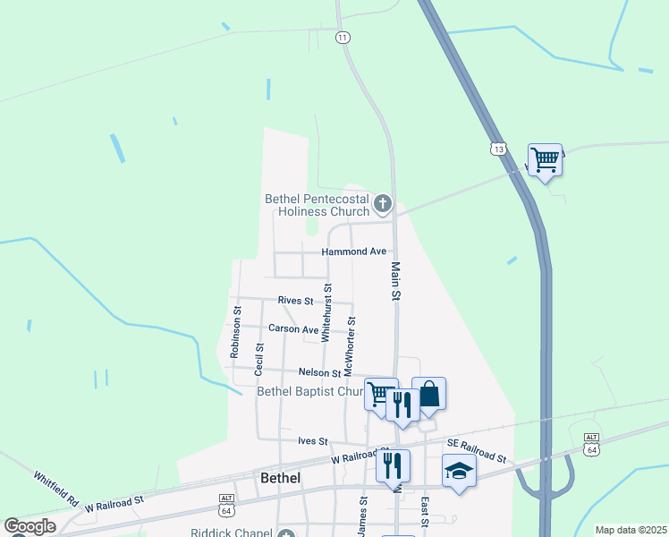 map of restaurants, bars, coffee shops, grocery stores, and more near 3948 Whitehurst Street in Bethel
