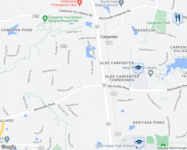 map of restaurants, bars, coffee shops, grocery stores, and more near 2552 Hayes Hill Place in Cary