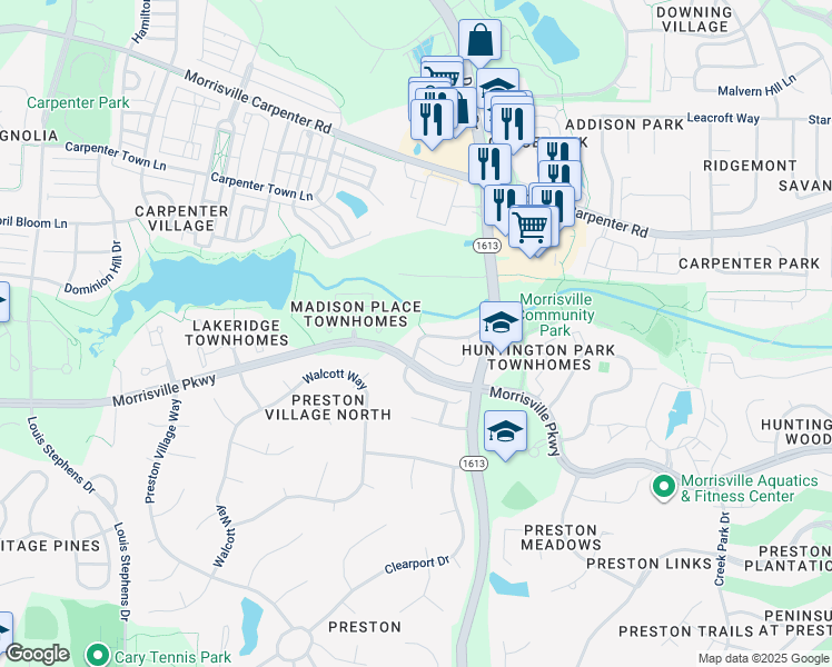 map of restaurants, bars, coffee shops, grocery stores, and more near 1058 Kingston Grove Drive in Cary
