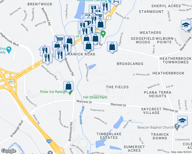 map of restaurants, bars, coffee shops, grocery stores, and more near 3000 Stonybrook Drive in Raleigh