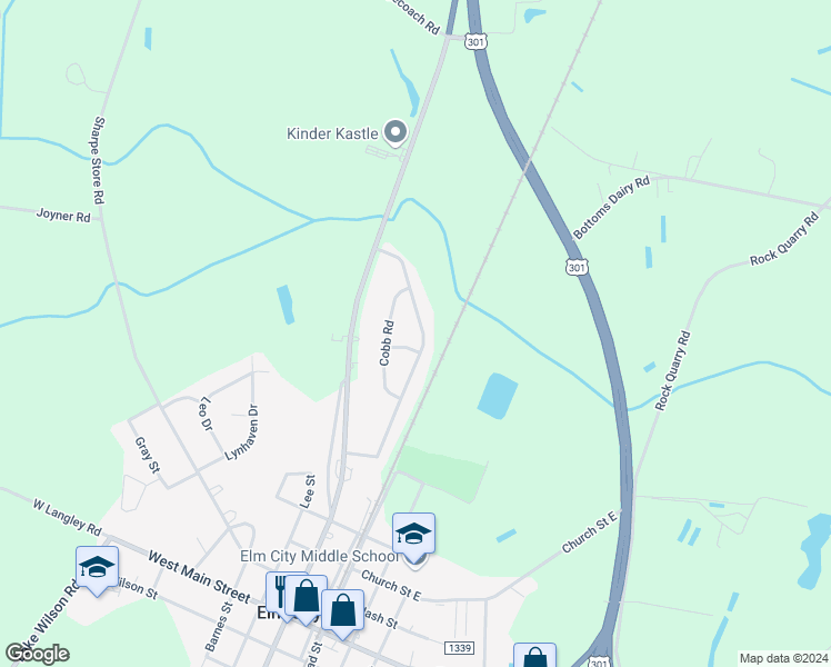 map of restaurants, bars, coffee shops, grocery stores, and more near 703 Daniel Drive in Elm City