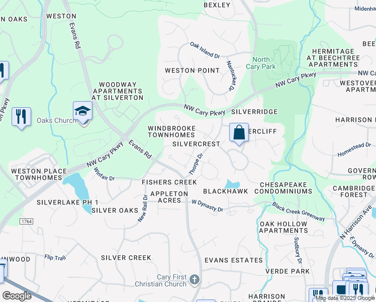 map of restaurants, bars, coffee shops, grocery stores, and more near 104 Silverbrook Drive in Cary