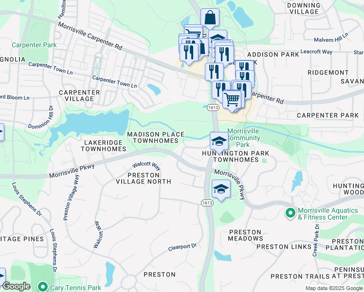 map of restaurants, bars, coffee shops, grocery stores, and more near 1058 Kingston Grove Drive in Cary