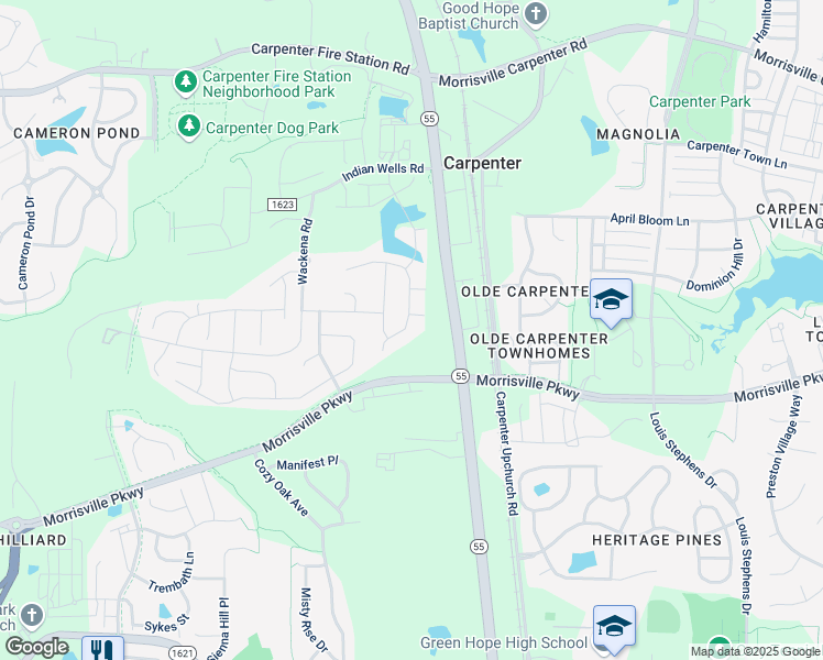 map of restaurants, bars, coffee shops, grocery stores, and more near 2552 Hayes Hill Place in Cary