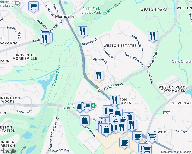 map of restaurants, bars, coffee shops, grocery stores, and more near 3000 Rise Drive in Cary