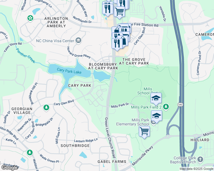 map of restaurants, bars, coffee shops, grocery stores, and more near 1202 Waterford Lake Drive in Cary