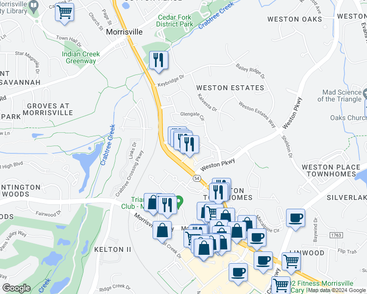 map of restaurants, bars, coffee shops, grocery stores, and more near 3101 Rise Drive in Morrisville