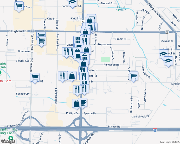 map of restaurants, bars, coffee shops, grocery stores, and more near 3011 Fairview Drive in Jonesboro