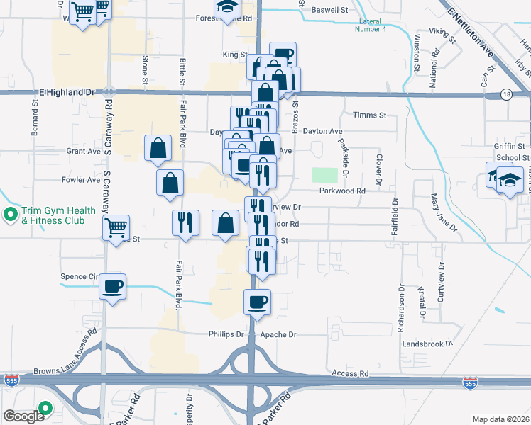map of restaurants, bars, coffee shops, grocery stores, and more near 2401-2499 Red Wolf Boulevard in Jonesboro
