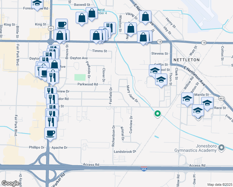 map of restaurants, bars, coffee shops, grocery stores, and more near 3504 Fairview Dr in Jonesboro