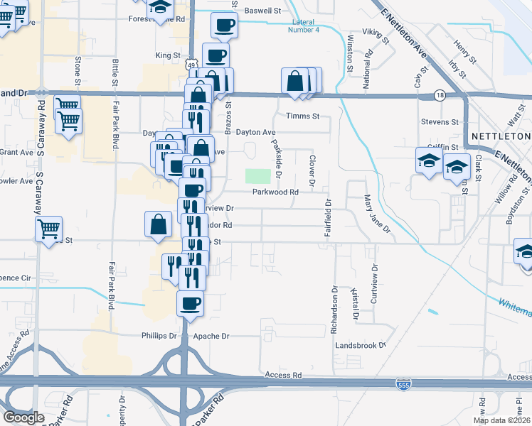 map of restaurants, bars, coffee shops, grocery stores, and more near 2400 Middlefield Drive in Jonesboro