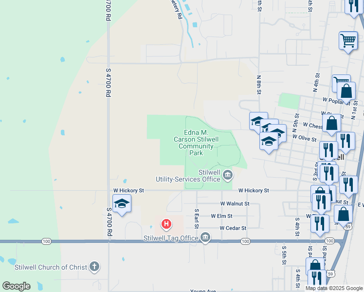 map of restaurants, bars, coffee shops, grocery stores, and more near 2550 RR 3 in Stilwell