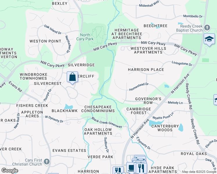 map of restaurants, bars, coffee shops, grocery stores, and more near 311 Homestead Drive in Cary
