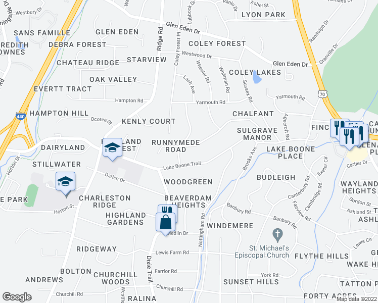 map of restaurants, bars, coffee shops, grocery stores, and more near 833 Runnymede Road in Raleigh