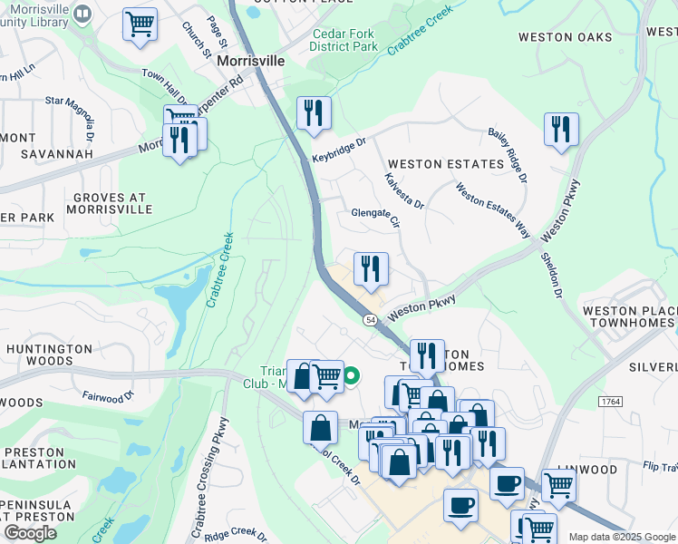 map of restaurants, bars, coffee shops, grocery stores, and more near 9956 Chapel Hill Road in Cary