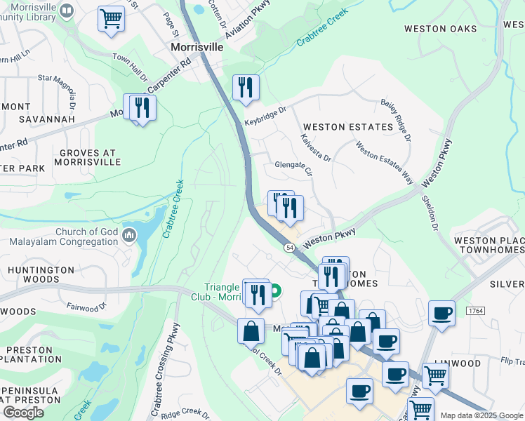 map of restaurants, bars, coffee shops, grocery stores, and more near 9958 Chapel Hill Road in Cary