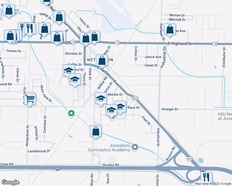 map of restaurants, bars, coffee shops, grocery stores, and more near 2308 Court Street in Jonesboro