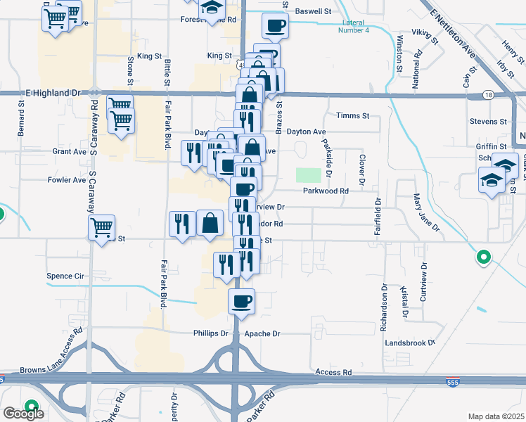 map of restaurants, bars, coffee shops, grocery stores, and more near 3011 Fairview Drive in Jonesboro