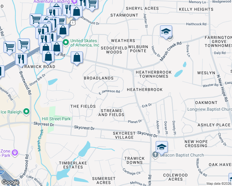 map of restaurants, bars, coffee shops, grocery stores, and more near 3609 East Jameson Road in Raleigh