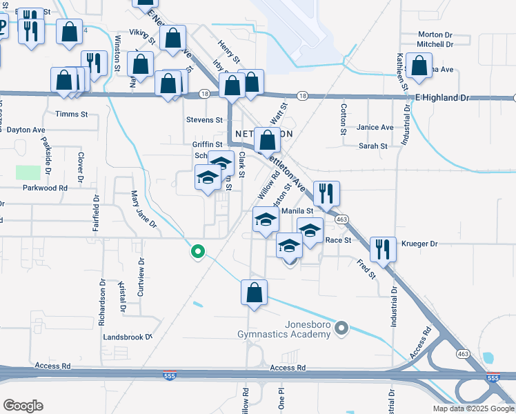 map of restaurants, bars, coffee shops, grocery stores, and more near 2310 Clark Street in Jonesboro