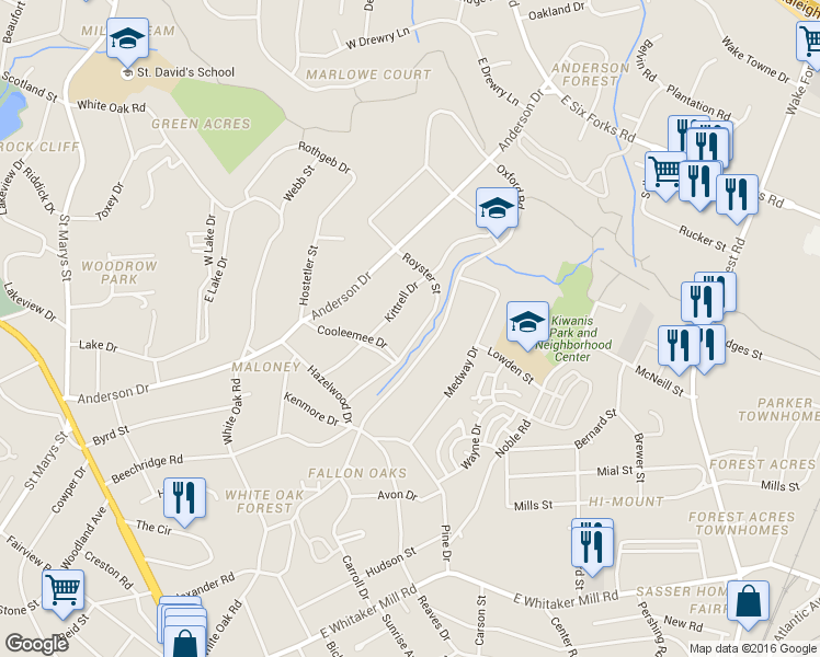 map of restaurants, bars, coffee shops, grocery stores, and more near 2707 Royster St in Raleigh