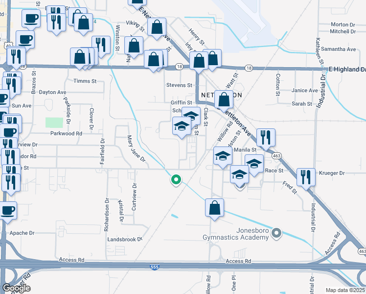 map of restaurants, bars, coffee shops, grocery stores, and more near 2305 Promise Lane in Jonesboro