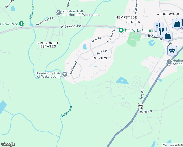 map of restaurants, bars, coffee shops, grocery stores, and more near 1230 Banjo Drive in Zebulon