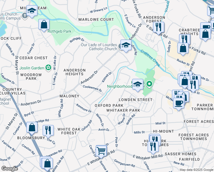 map of restaurants, bars, coffee shops, grocery stores, and more near 2707 Royster Street in Raleigh