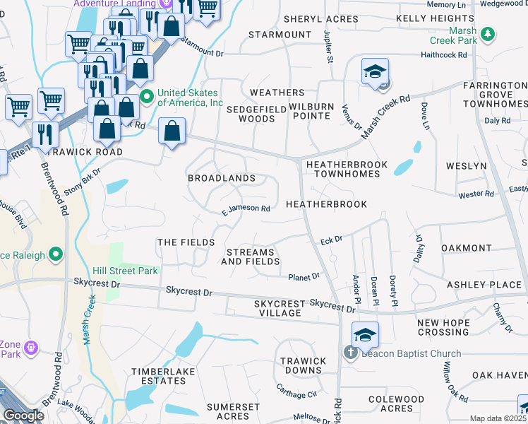 map of restaurants, bars, coffee shops, grocery stores, and more near 3609 East Jameson Road in Raleigh